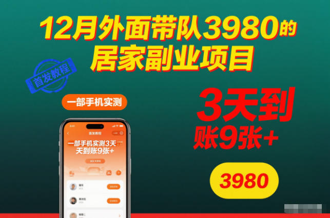 12月外面带队3980的居家副业项目,一部手机实测3天到账9张+,首发教程【揭秘】-创薯资源