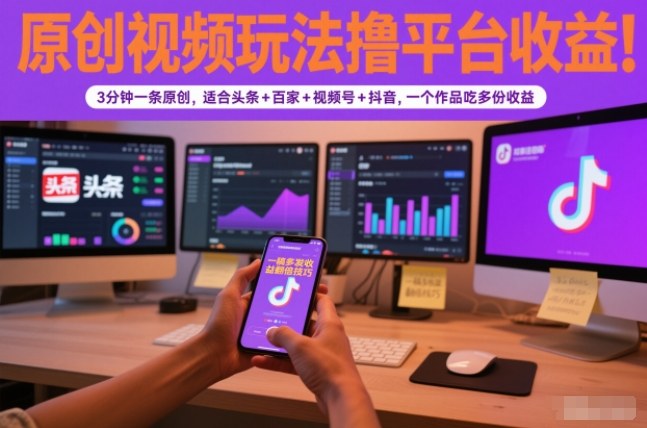 原创视频玩法撸平台收益，3分钟一条原创，适合头条+百家+视频号+抖音，一个作品吃多份收益-创薯资源