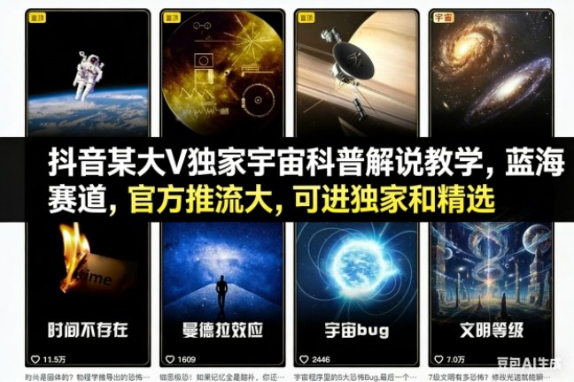 抖音某大V独家宇宙科普解说教学，蓝海赛道，官方推流大，可进独家和精选-创薯资源