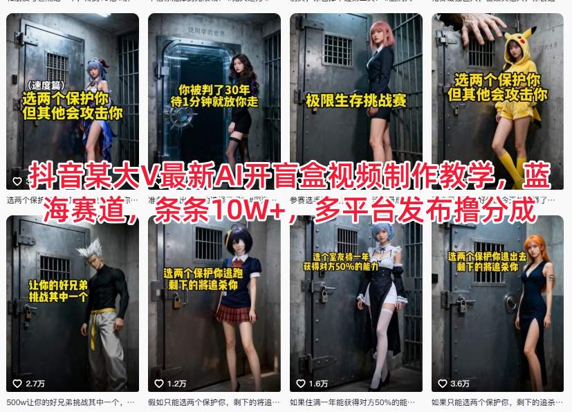 抖音某大V最新AI开盲盒视频制作教学,蓝海赛道,条条10W+,多平台发布撸分成-创薯资源