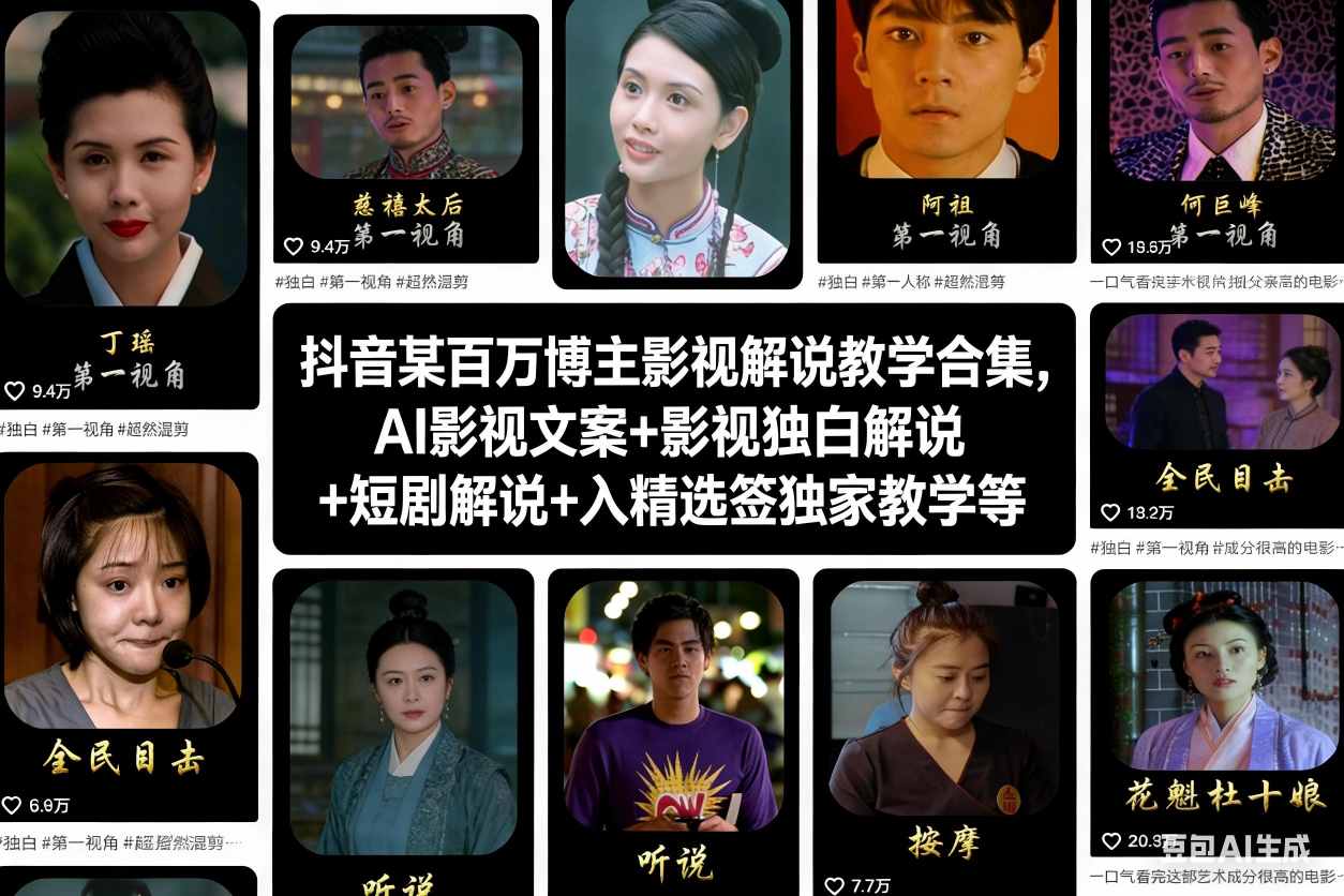 抖音某百万博主影视解说教学合集,AI影视文案+影视独白解说+短剧解说+入精选签独家教学等-创薯资源