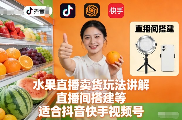 水果直播卖货玩法讲解、直播间搭建等,适合抖音快手视频号-创薯资源