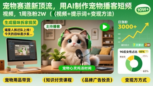 宠物赛道新顶流,用AI制作宠物播客短视频,1周涨粉2W(视频+提示词+变现方法)-创薯资源