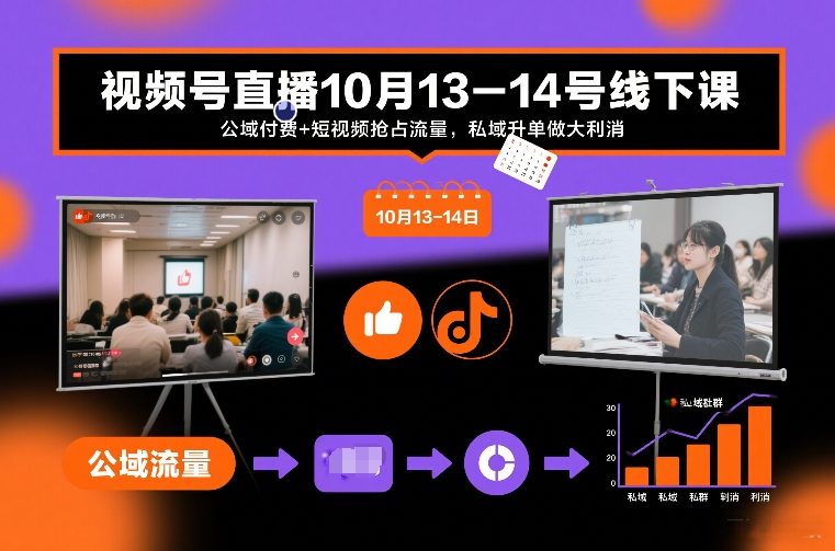 视频号直播10月13-14号线下课，公域付费+短视频抢占流量，私域升单做大利消-创薯资源