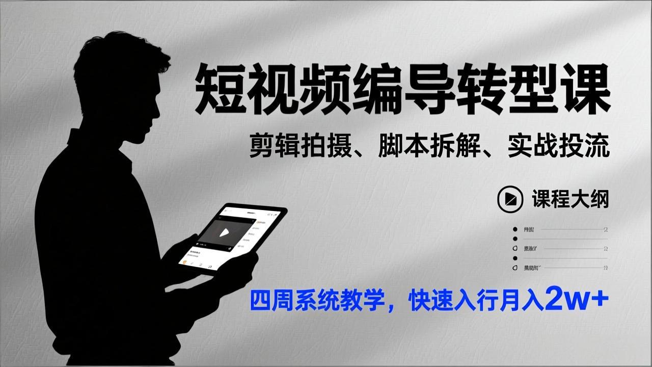 短视频编导转型课，剪辑拍摄、脚本拆解、实战投流，四周系统教学，快速入行月入2w+-创薯资源