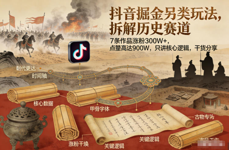抖音掘金另类玩法，拆解历史赛道，7条作品涨粉300W+，点赞量高达900W，只讲核心逻辑，干货分享-创薯资源