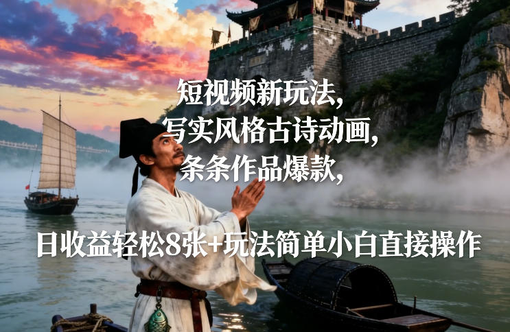 短视频新玩法，写实风格古诗动画，条条作品爆款，日收益轻松8张+玩法简单小白直接操作-创薯资源