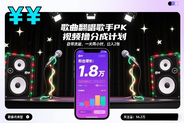 歌曲翻唱歌手PK视频撸分成计划，自带流量，一天两小时，日入2张-创薯资源