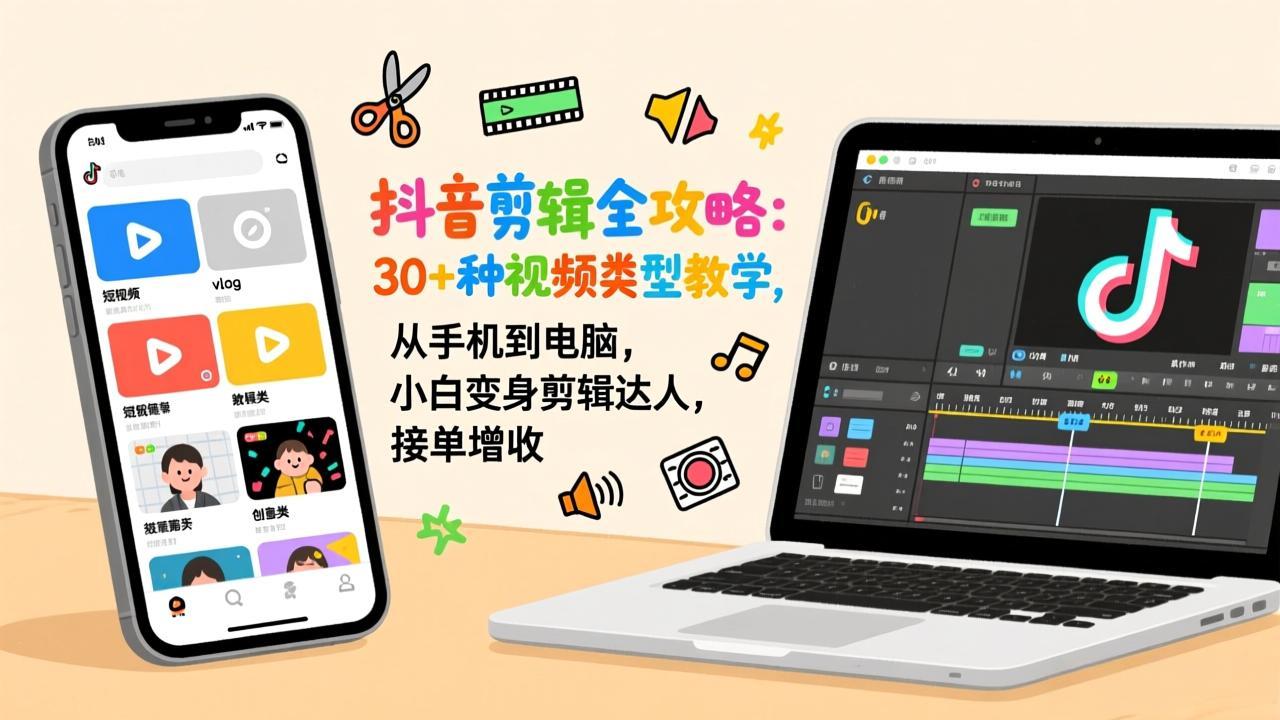 抖音剪辑全攻略：30+种视频类型教学，从手机到电脑，小白变身剪辑达人，接单增收-创薯资源