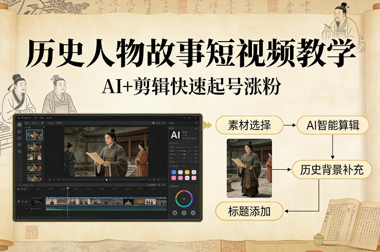 历史人物故事短视频教学，AI+剪辑制作历史人物题材短视频，快速起号涨粉-创薯资源