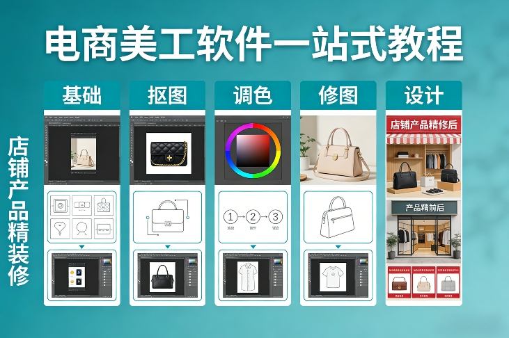电商美工软件一站式教程，基础/抠图/调色/修图/设计，店铺产品精装修-创薯资源