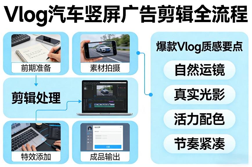 Vlog感觉汽车竖屏广告剪辑脚本全流程，拿捏爆款Vlog质感-创薯资源