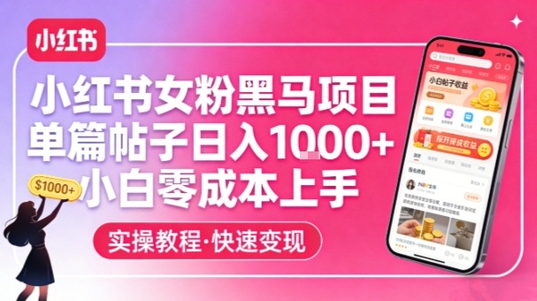 小红书女粉黑马项目，单篇帖子日入1k+，小白零成本上手-创薯资源