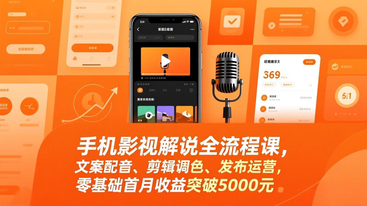 手机影视解说全流程课，文案配音、剪辑调色、发布运营，零基础首月收益突破5000元-创薯资源