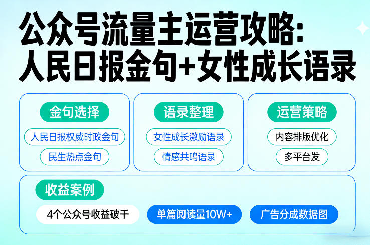 利用人民日报金句+女性成长语录做公众号流量主，4个公众号收益破千-创薯资源