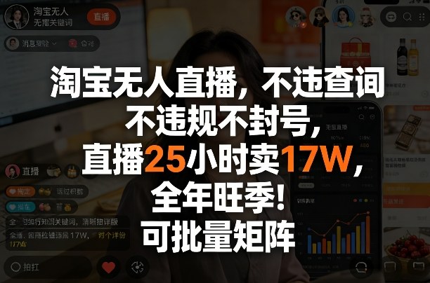 淘宝无人直播，不违规不封号，直播25小时卖17W，全年旺季！可批量矩阵【揭秘】-创薯资源