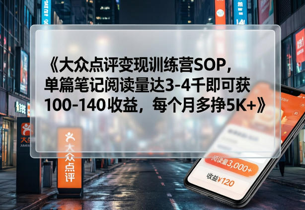 大众点评变现训练营SOP，单篇笔记阅读量达3-4千即可获100-140收益，每个月多挣5K+-创薯资源