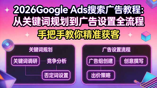 2026Google Ads搜索广告教程:从关键词规划到广告设置全流程,手把手教你精准获客-创薯资源