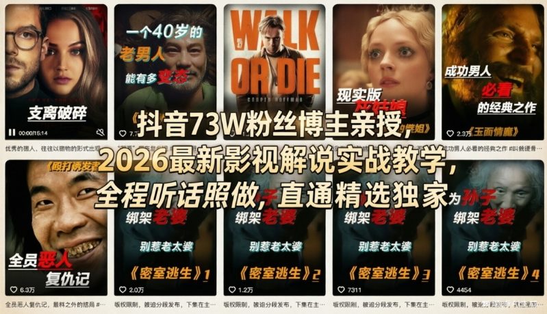 抖音73W粉丝博主亲授,2026最新影视解说实战教学,全程听话照做,直通精选独家-创薯资源