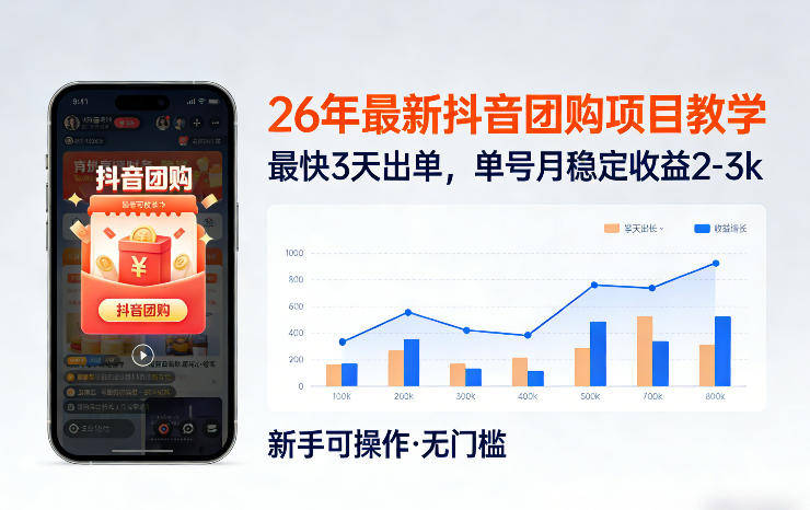 26年最新抖音团购项目教学，0门槛，最快3天出单，单号月稳定收益2-3k(更新3月19日)-创薯资源