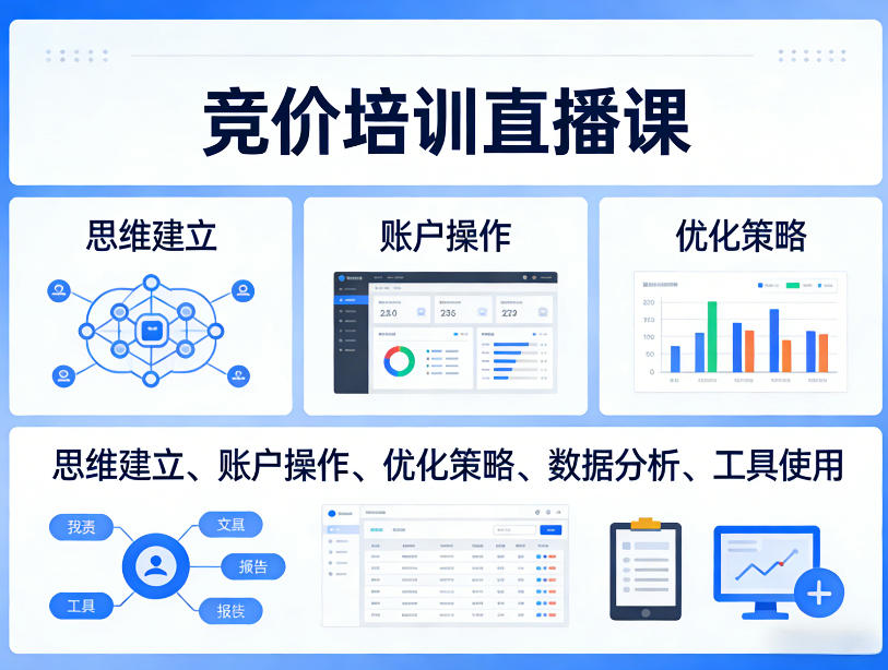 竞价培训直播课，覆盖思维建立、账户操作、优化策略、数据分析、工具使用等，全方位提升效果-创薯资源