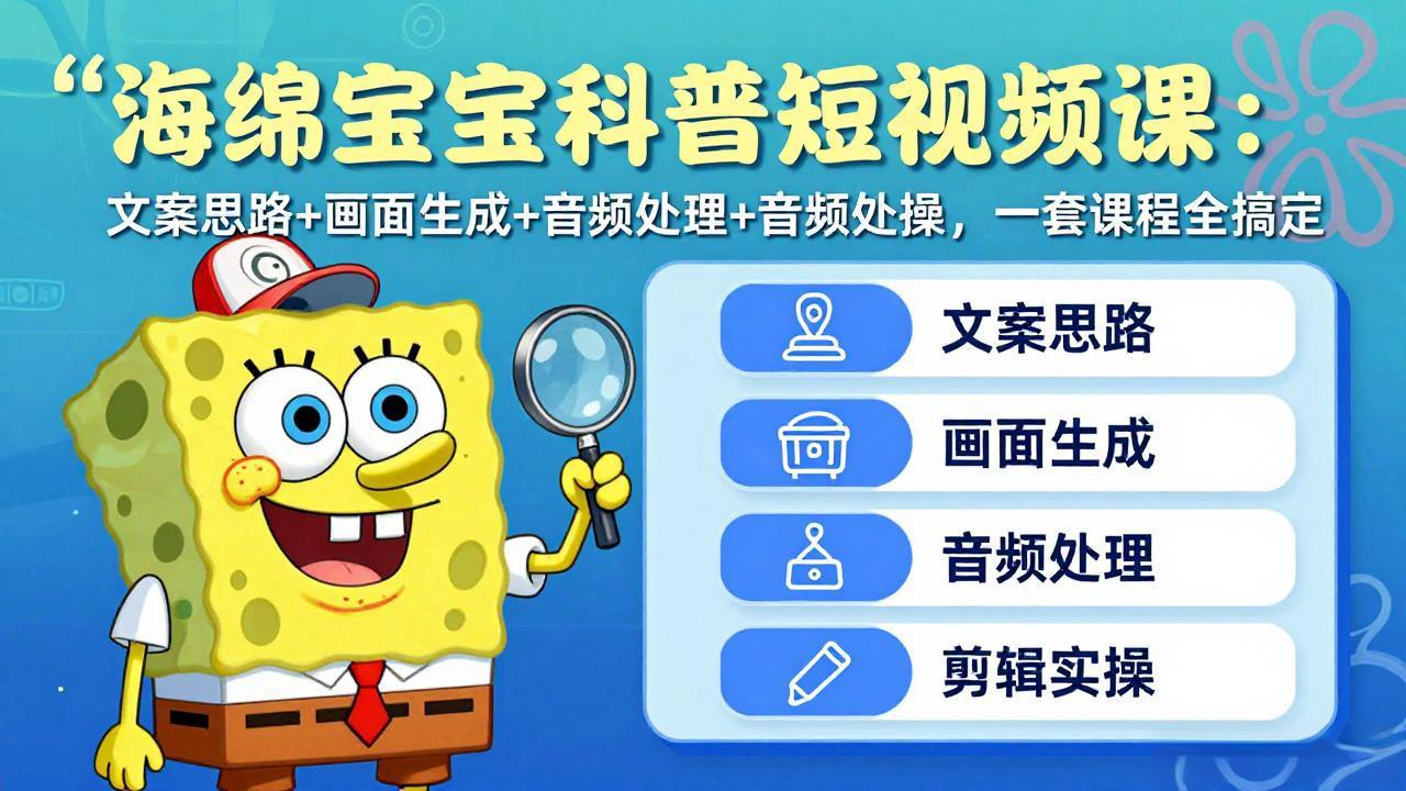 海绵宝宝科普短视频课：文案思路+画面生成+音频处理+剪辑实操，一套课程全搞定-创薯资源