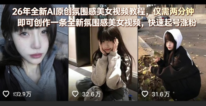 26年全新AI原创氛围感美女视频教程，仅需两分钟即可创作一条全新氛围感美女视频，快速起号涨粉-创薯资源