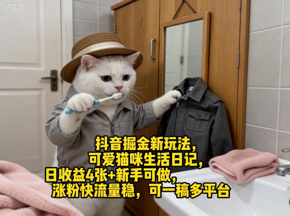 抖音掘金新玩法，可爱猫咪生活日记，日收益4张+新手可做，涨粉快流量稳，可一稿多平台-创薯资源