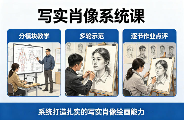写实肖像系统课，全程分模块教学+多轮示范+逐节作业点评，系统打造扎实的写实肖像绘画能力-创薯资源