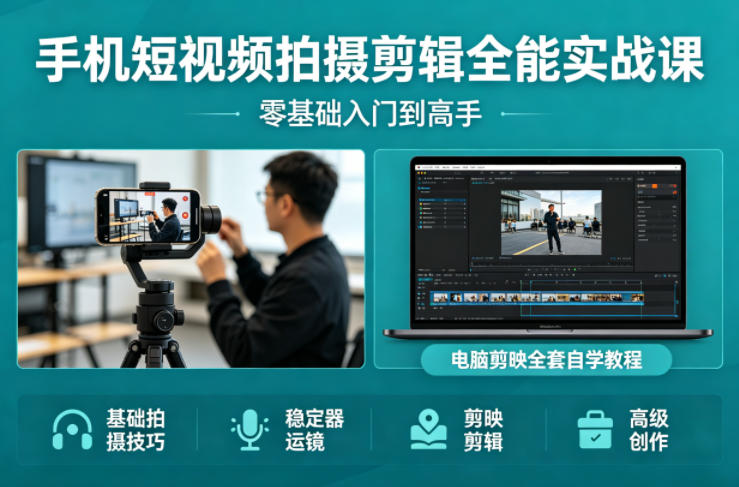 手机短视频拍摄剪辑全能实战课:零基础入门到高手,稳定器运镜+电脑剪映全套自学教程-创薯资源