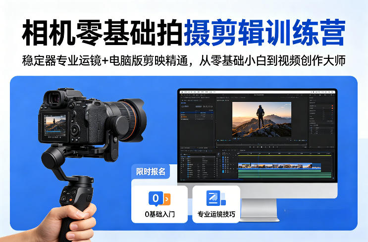 相机零基础拍摄剪辑训练营:稳定器专业运镜+电脑版剪映精通,从零基础小白到视频创作大师-创薯资源