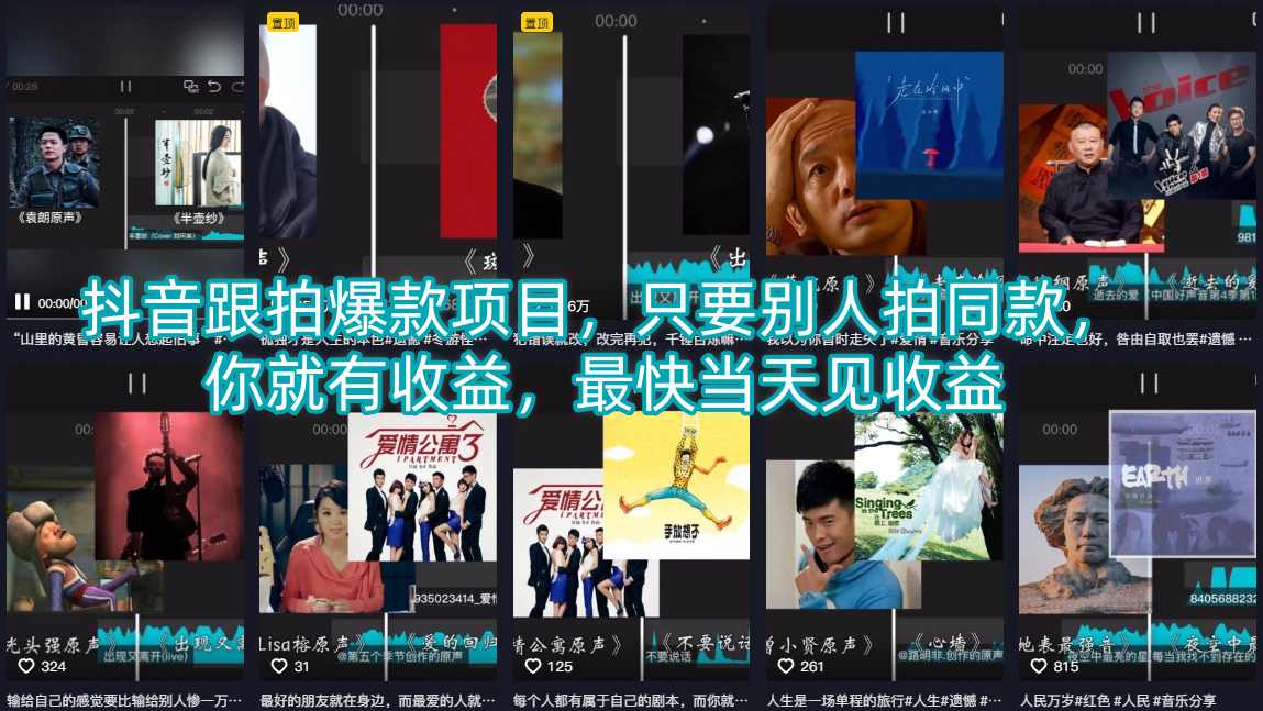 抖音跟拍爆款项目，只要别人拍同款，你就有收益，最快当天见收益-创薯资源