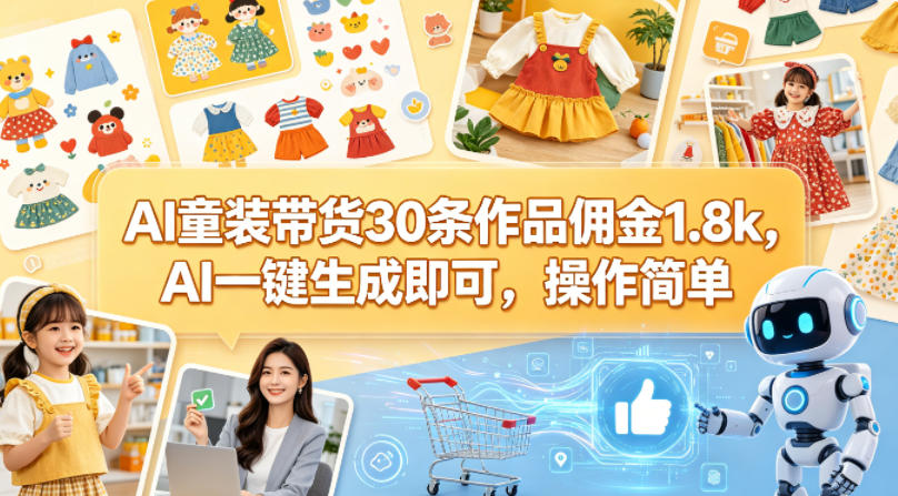 AI童装带货30条作品佣金1.8k，AI一键生成即可，操作简单-创薯资源