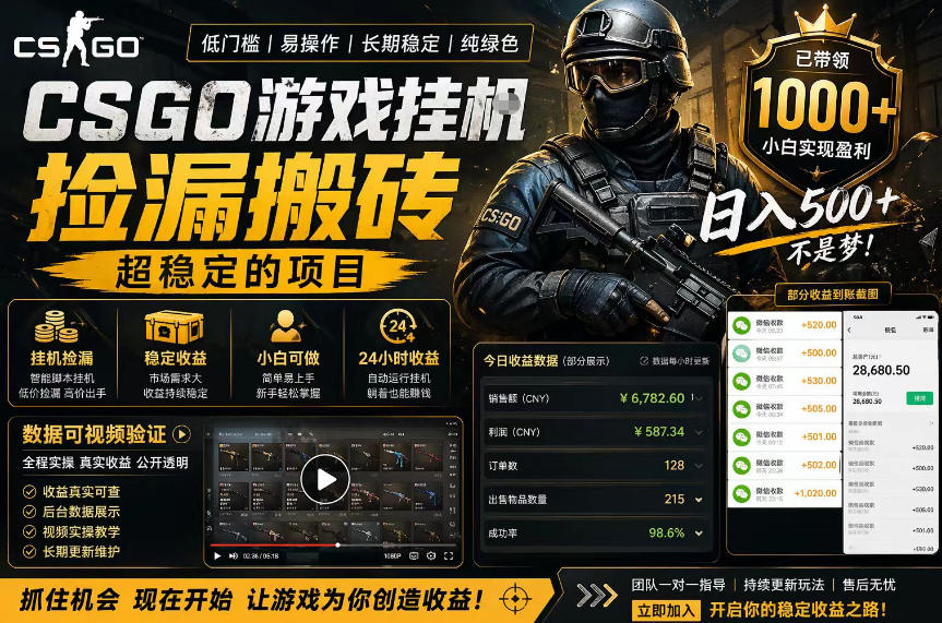 CSGO游戏搬砖，全自动挂G，不需要玩游戏，手机操作日入300+，解放双手【揭秘】-创薯资源