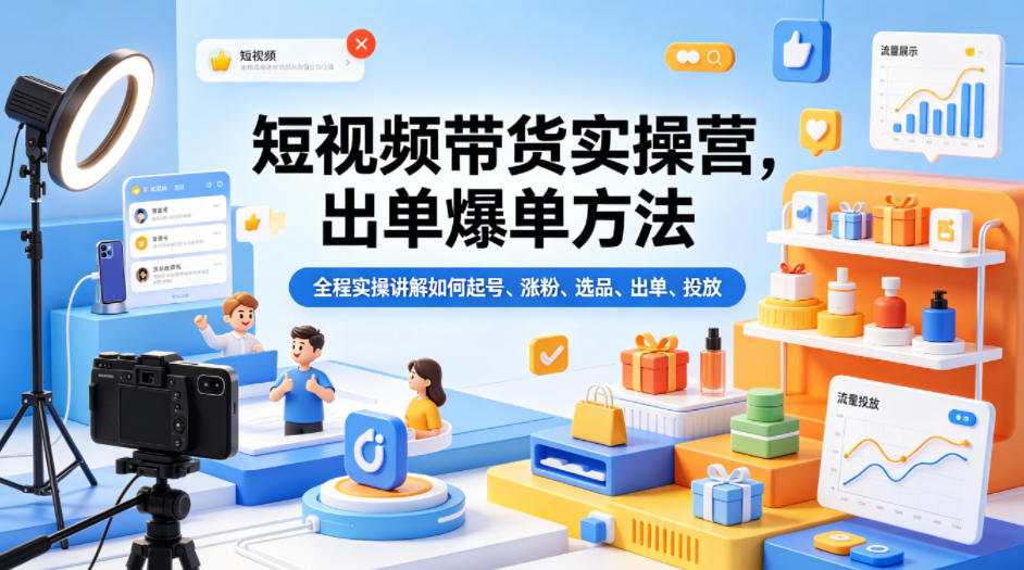 短视频带货实操营，出单爆单方法，全程实操讲解如何起号、涨粉、选品、出单、投放-创薯资源