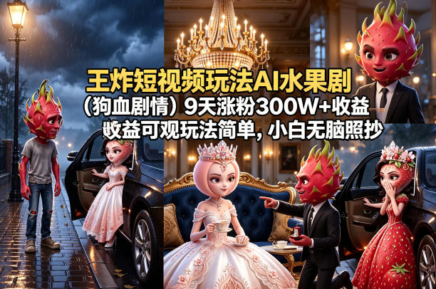 王炸短视频玩法AI水果剧(狗血剧情)9天涨粉300W+收益可观玩法简单，小白无脑照抄，详细拆解玩法-创薯资源