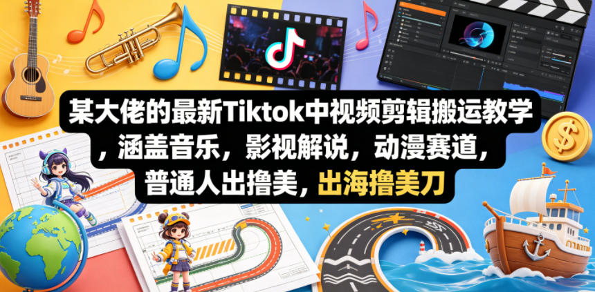 某大佬的最新Tiktok中视频剪辑搬运教学，涵盖音乐，影视解说，动漫赛道，普通人出海撸美刀-创薯资源