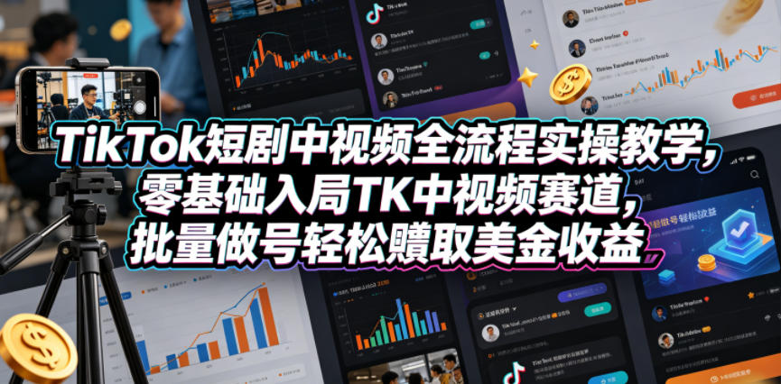 TikTok短剧中视频全流程实操教学，零基础入局TK中视频赛道，批量做号轻松賺取美金收益-创薯资源