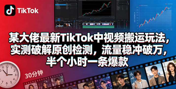 某大佬最新TikTok中视频搬运玩法，实测破解原创检测，流量稳冲破万，半个小时一条爆款-创薯资源