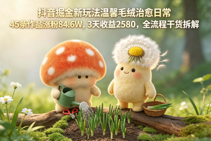 抖音掘金新玩法温馨毛绒治愈日常,45条作品涨粉84.6W,3天收益2580,全流程干货拆解-创薯资源