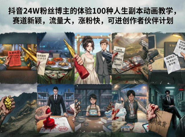 抖音24W粉丝博主的体验100种人生副本动画教学，赛道新颖，流量大，涨粉快，可进创作者伙伴计划-创薯资源