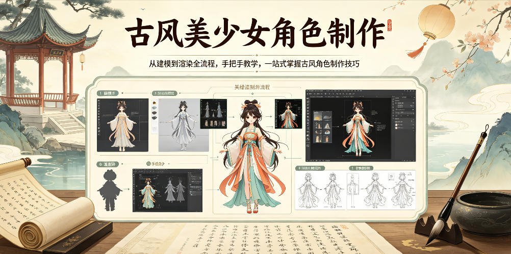 古风美少女角色制作，从建模到渲染全流程，手把手教学，一站式掌握古风角色制作技巧-创薯资源