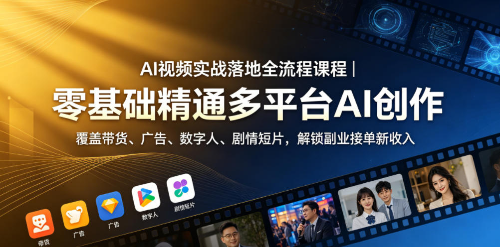 AI视频实战落地全流程课程｜零基础精通多平台AI创作，覆盖带货、广告、数字人、剧情短片，解锁副业接单新收入-创薯资源