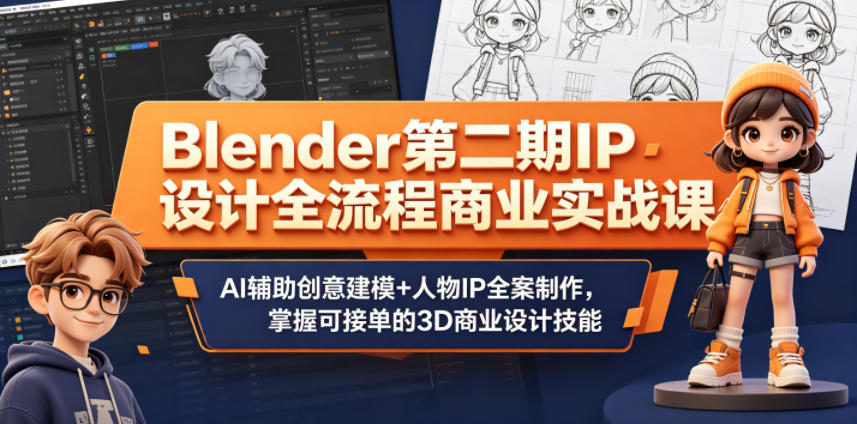 Blender第二期IP设计全流程商业实战课，AI辅助创意建模+人物IP全案制作，掌握可接单的3D商业设计技能-创薯资源