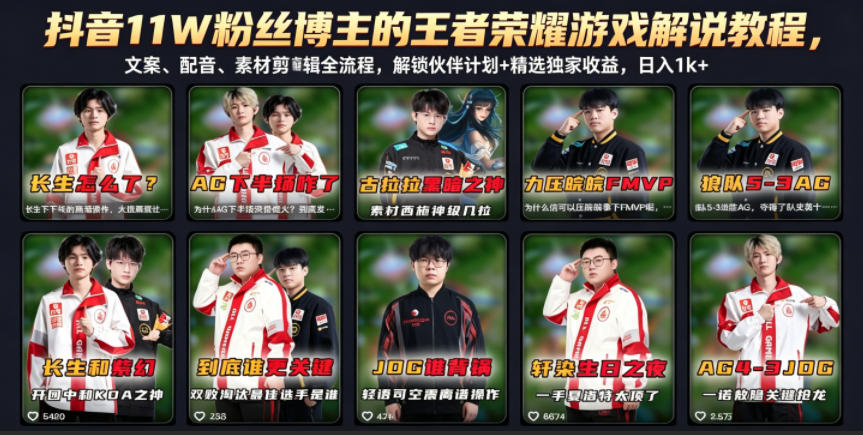 抖音11W粉丝博主的王者荣耀游戏解说教程，文案、配音、素材剪辑全流程，解锁伙伴计划+精选独家收益，日入1k+-创薯资源