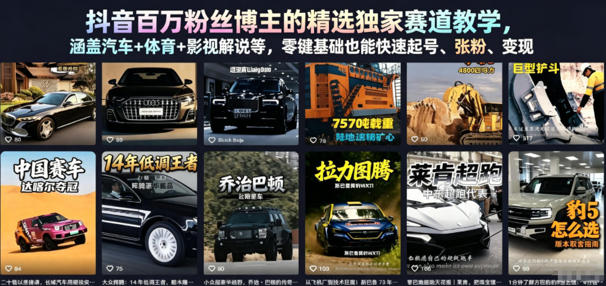抖音百万粉丝博主的精选独家赛道教学，涵盖汽车+体育+影视解说等，零基础也能快速起号、涨粉、变现-创薯资源