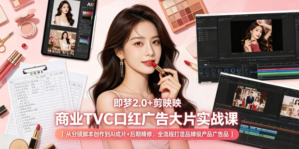 即梦2.0+剪映商业TVC口红广告大片实战课｜从分镜脚本创作到AI成片+后期精修，全流程打造品牌级产品广告-创薯资源