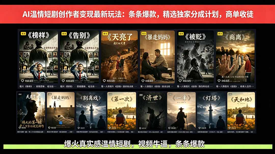 AI温情短剧创作者变现最新玩法：视频牛逼，条条爆款，精选独家分成计划，商单收徒-创薯资源