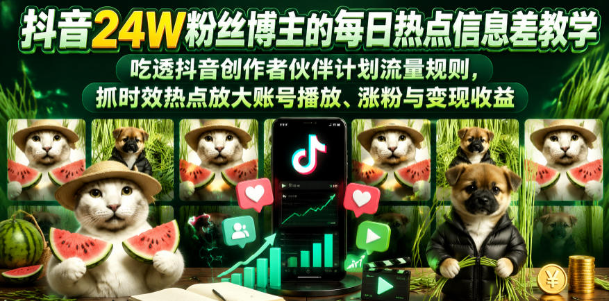 抖音24W粉丝博主的每日热点信息差教学，吃透创作者伙伴计划流量规则，抓时效热点放大账号播放、涨粉与变现收益-创薯资源