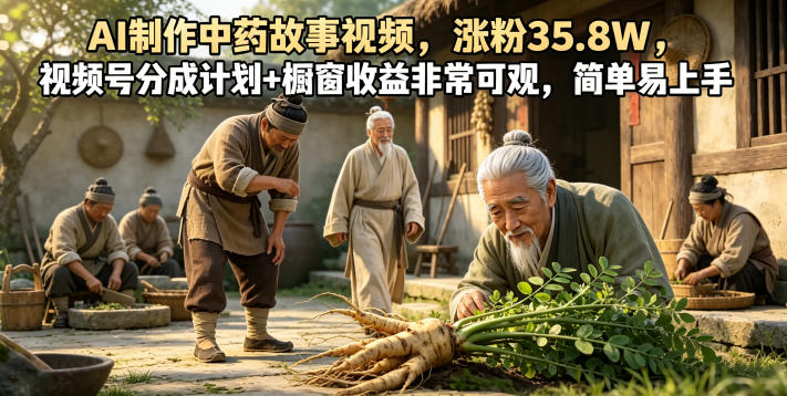 AI制作中药故事视频，涨粉35.8W，视频号分成计划+橱窗收益非常可观，简单易上手-创薯资源